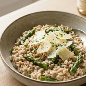 Risotto d’épeautre aux asperges vertes et vieux comté